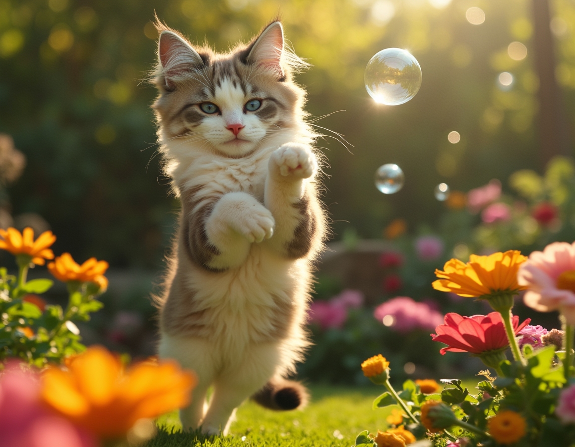 Cat leaps gracefully at a floating bubble, surrounded by a vibrant garden filled with flowers and greenery.